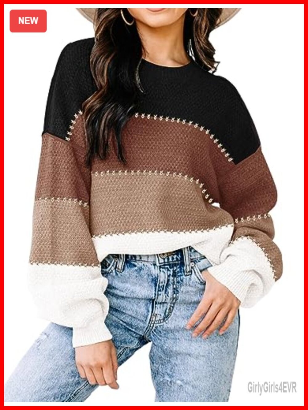 Oversized Color Block Pullover Sweater Batwing Long Sleeve Knit Tunic Top